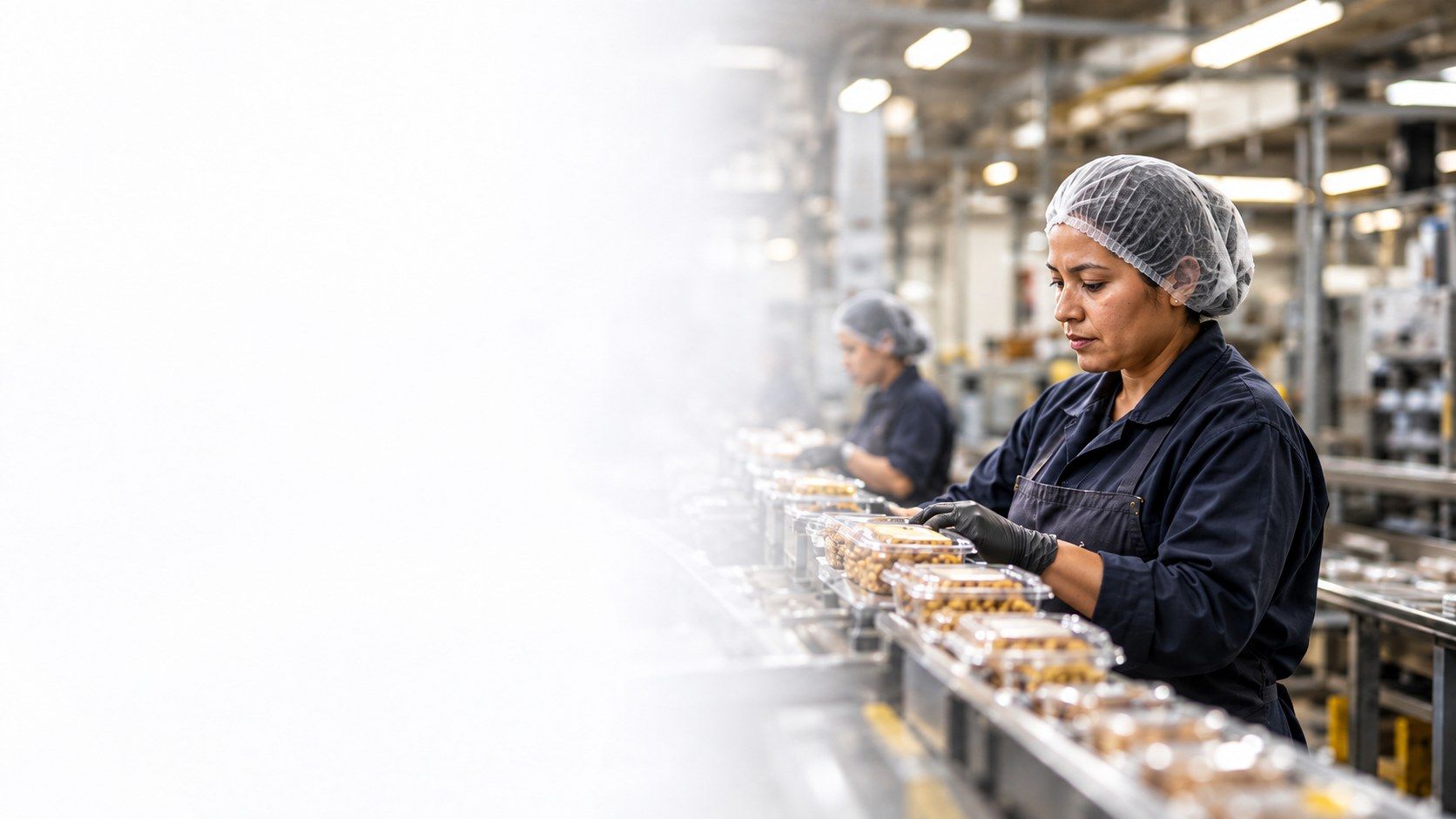 Trabajadora en una línea de producción de alimentos