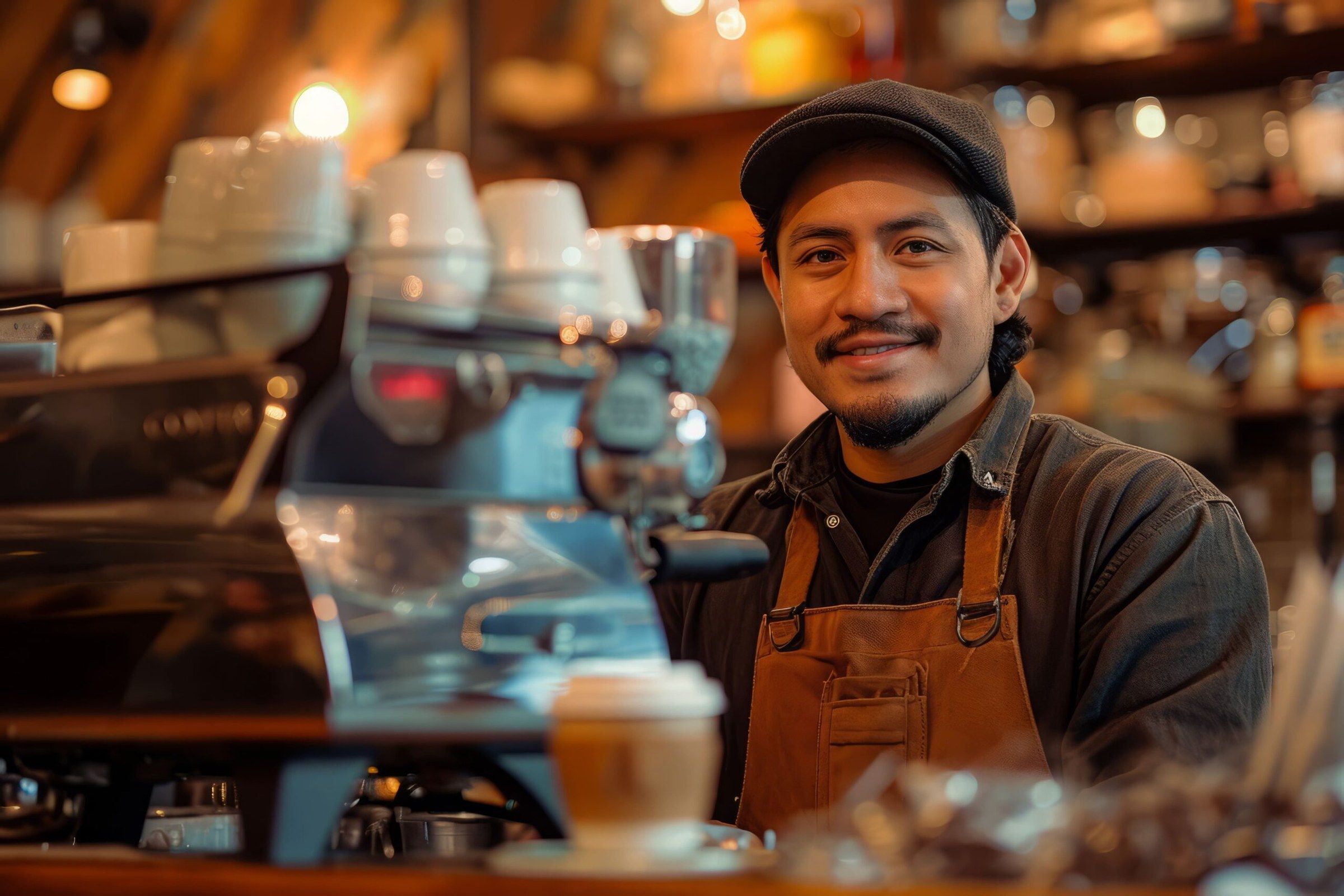 Emprendedor sonriendo en su cafetería